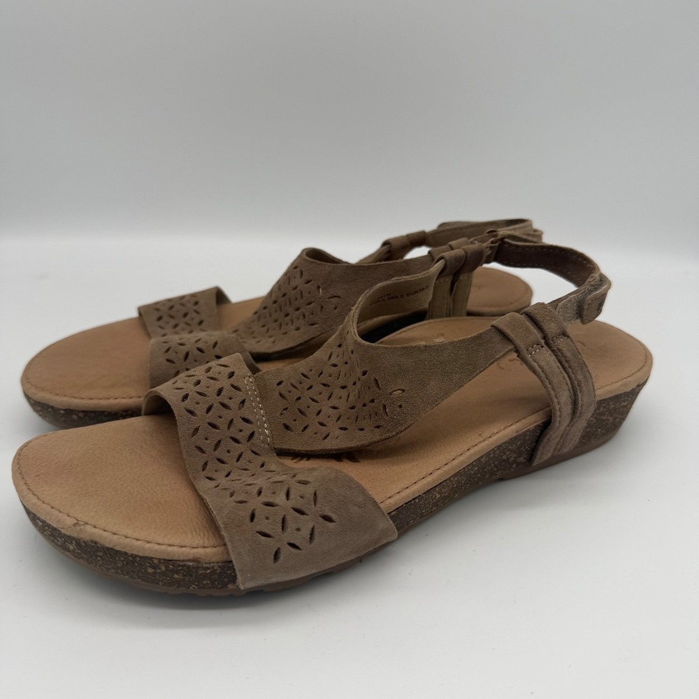 Aetrex Melanie Taupe Brown Leather Laser Cut Orthotic Wedge Sandals SC401W 8